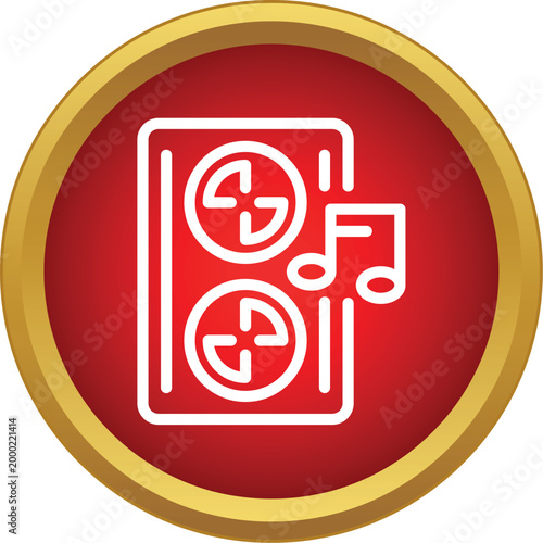 Reel to reel tape recorder playing music icon button on white background