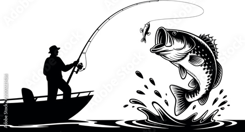Fisherman catching jumping fish from boat silhouette with splash water isolated on white background vector illustration outdoor fishing scene