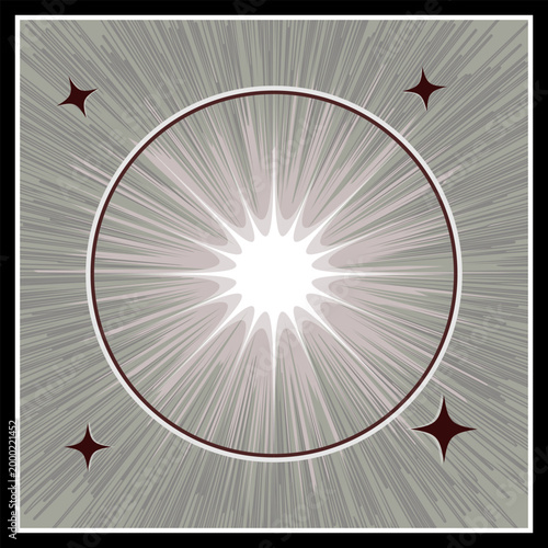 Abstract radial burst background with circular frame and star accents in muted tones, retro-inspired geometric design with dynamic lines for modern creative layouts.