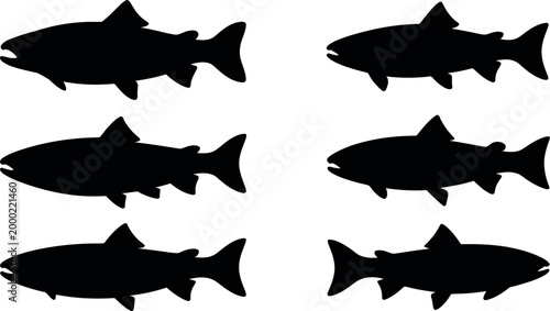 Set of fish silhouettes isolated on white background showing different species shapes black vector illustration marine animal design collection
