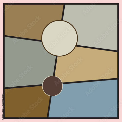 Abstract geometric background with circles and color blocks in earthy tones, divided by bold lines. Minimal, modern, and retro style, ideal for posters, interiors, and digital backdrops.