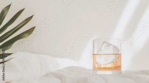 Clear glass of refreshing golden beverage with a large ice cube. Set on soft white fabric, green palm leaf, bright natural light.
