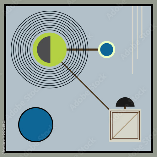 Abstract geometric composition with concentric circles, lines, and shapes in muted tones. Modern minimal design with retro influence, suitable for posters, backgrounds, and creative layouts.