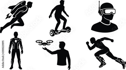 Futuristic Wearable Tech and Mobility Silhouettes Black Flat Vector Set Jetpack Hoverboard Smart Visor and Holographic Drone Icons
