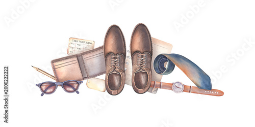 Konstfotografi Hand-painted watercolor composition of retro men boots, hat, tie, watch, sunglas