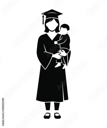 Black silhouette of a female graduate in a gown and cap holding a small child or baby, isolated on white.