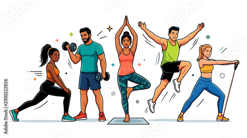 People doing various fitness exercises together.