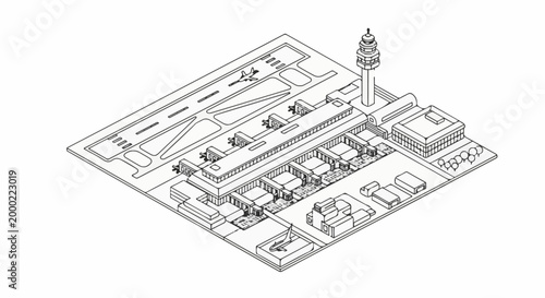 Isometric illustration of an airport with a control tower, runway, and terminals