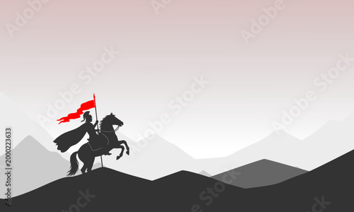 Minimalist silhouette of a medieval knight on a rearing horse carrying a red flag over a dramatic layered mountain landscape, perfect for leadership, victory, and adventure themed designs