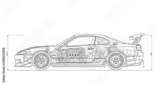Detailed technical drawing of a sports car engine and chassis.