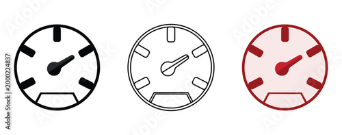 Car speedometer and tachometer dashboard gauge icons set featuring high speed dial in silhouette, outline, and flat red color styles.
