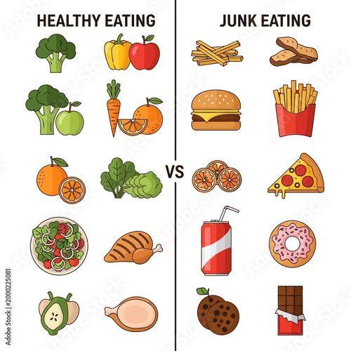 Healthy vs Junk Food Comparison, Nutrition Choices, Dieting Lifestyle