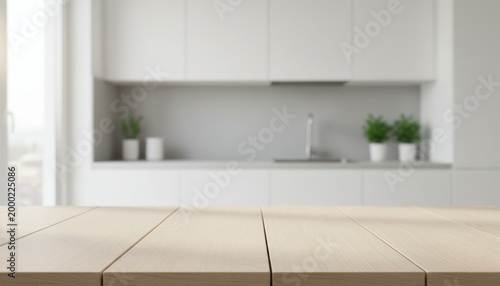 Wooden table with blurred modern kitchen background, soft natural window light, product placement space