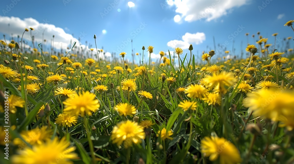 Fototapeta premium A serene field of vibrant yellow dandelions sways gently under a bright blue sky with fluffy white clouds.