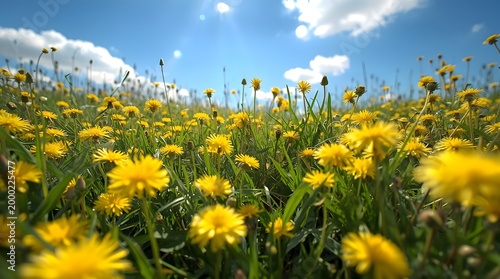 A serene field of vibrant yellow dandelions sways gently under a bright blue sky with fluffy white clouds.