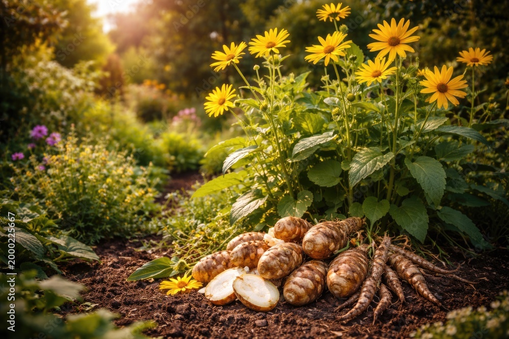 Obraz premium Natural garden backdrop featuring Jerusalem artichoke with bright flowers and health promoting roots