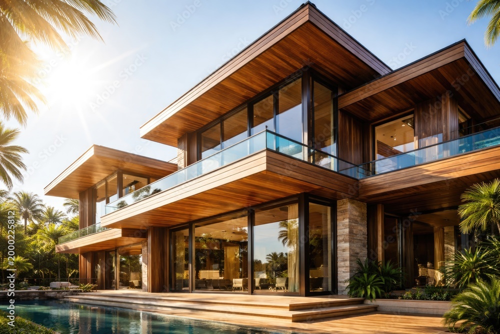 Fototapeta premium Bright sunlight illuminates a wooden villa with smooth modern lines from a low angle
