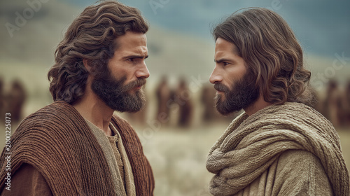 Cain and Abel standing face to face in tension, biblical scene of conflict, jealousy, and impending tragedy, dramatic atmosphere