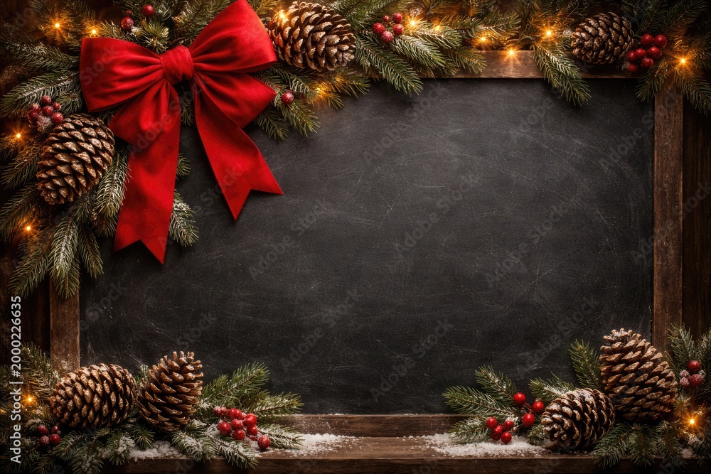 Fototapeta premium Old style chalkboard featuring pine cones and a vibrant red bow with classic slate background and seasonal ornaments with copy space
