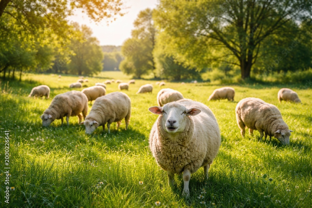 Fototapeta premium Joyful grazing sheep on vibrant grass lawn with full length summer view