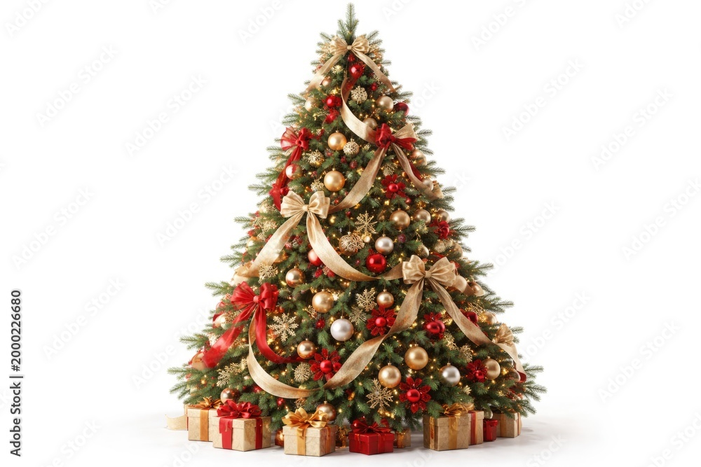 Fototapeta premium Holiday Christmas tree adorned with ribbons on white backdrop