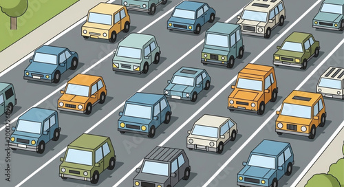 Many cars stuck in traffic jam on highway during daytime.