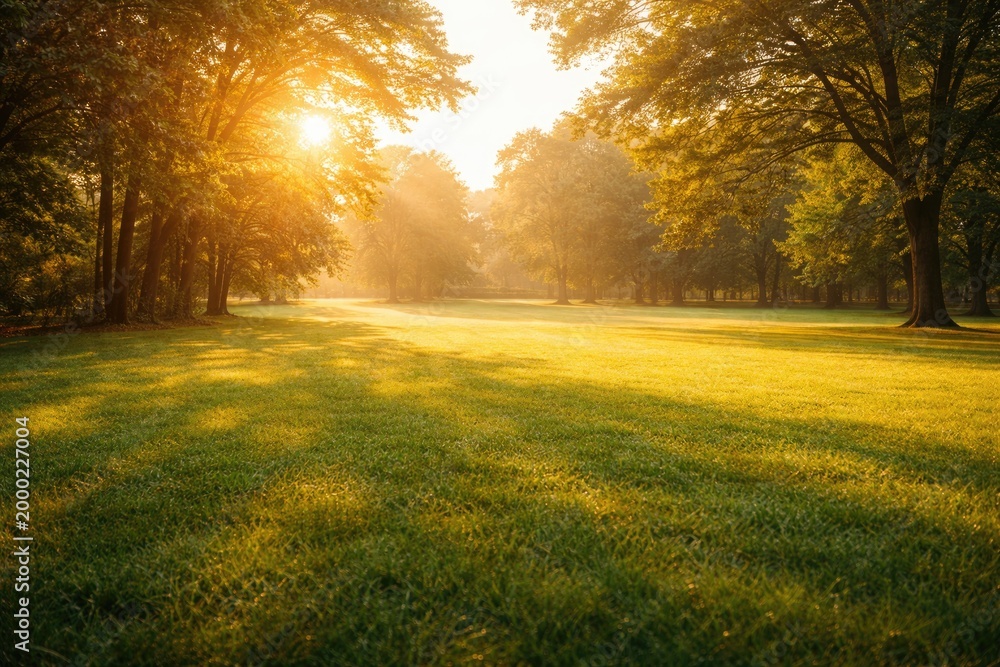 Naklejka premium Golden morning light shining on a spacious green lawn and surrounding trees with copy space