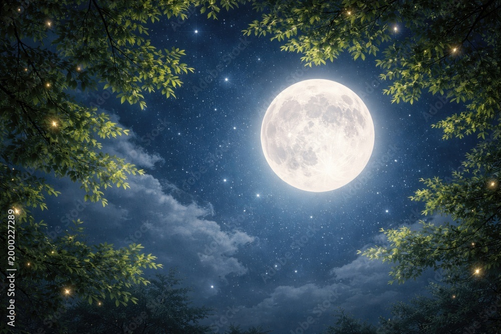 Fototapeta premium Glowing full moon and sparkling stars lighting up green branches in a serene night sky designed for stretch ceiling decor