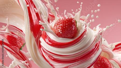 Strawberry splashing in liquid with vibrant colors and dynamic movement