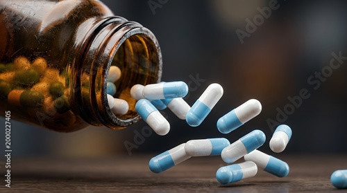 Pharmaceutical blue and white capsules spilling from amber glass bottle, medical pills on wooden table, healthcare supplement and antibiotic medication isolated on Transparent Background