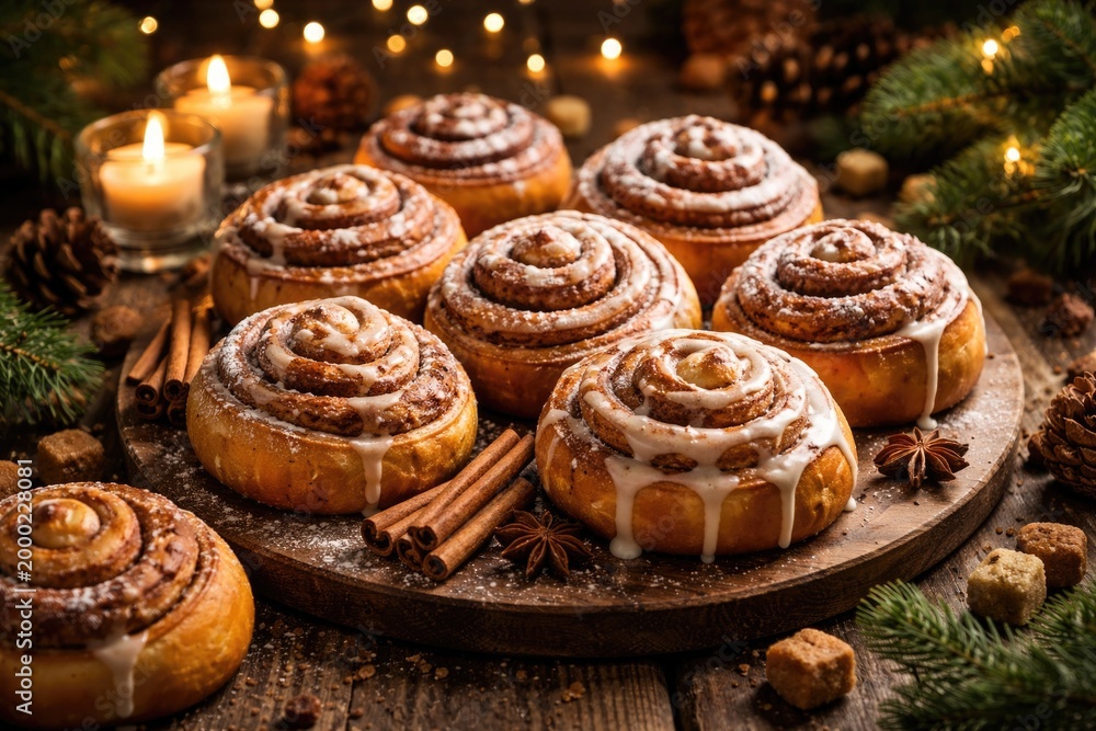 Fototapeta premium Delicious bakery cinnamon pastries presented on natural wood with festive ambiance