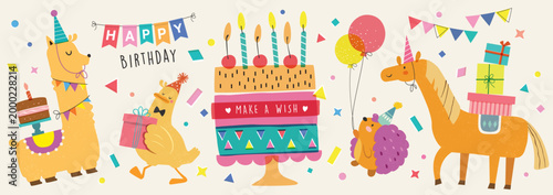 Happy birthday collection with cartoon character animals. Birthday party vector illustration for greeting card, invitation, event, poster, sticker, prints.