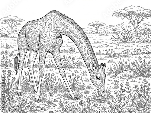 giraffe grazing in african savanna sketch style monochrome illustration