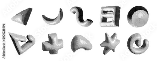 Y2k dithered geometric shapes set isolated on white background. Vector illustration of retro 3d plus, star, circle, crescent elements with soft shadows, trendy halftone dot models with raster effect