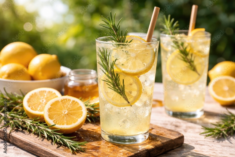 Fototapeta premium Healthy lemon lemonade garnished with rosemary and ice on a sunny afternoon