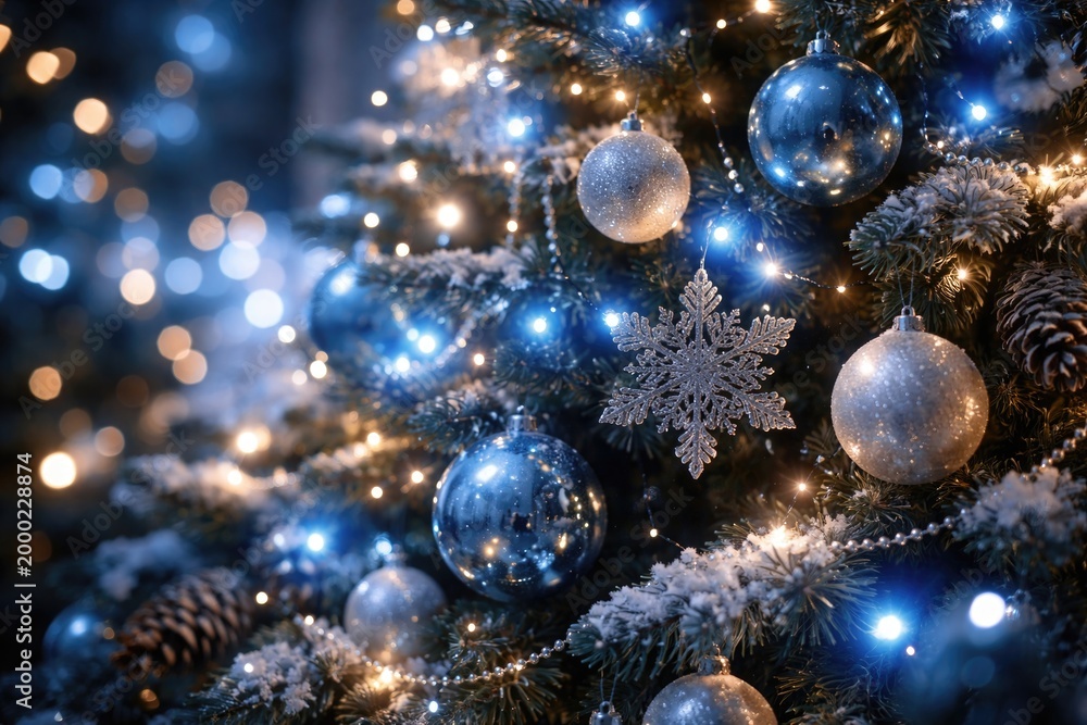 Fototapeta premium Holiday season mood captured with glowing blue lights and baubles on Christmas tree