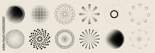 Abstract circular pattern with radial halftone dots and dynamic swirl effect, vector icons isolated on background. Modern geometric gradient design, graphic elements with spiral shape, pulse texture