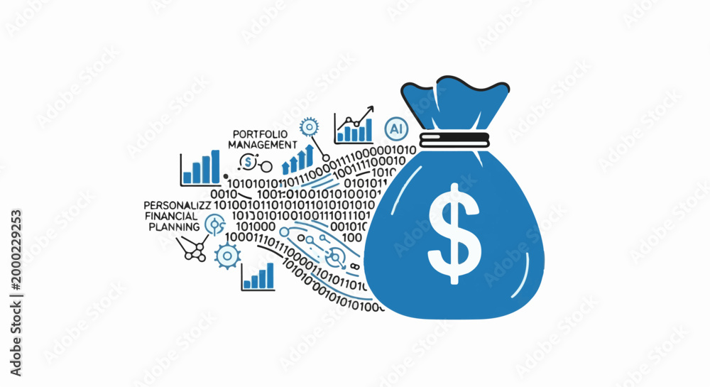 Naklejka premium Blue money bag with charts, binary code, and AI icon, symbolizing financial growth