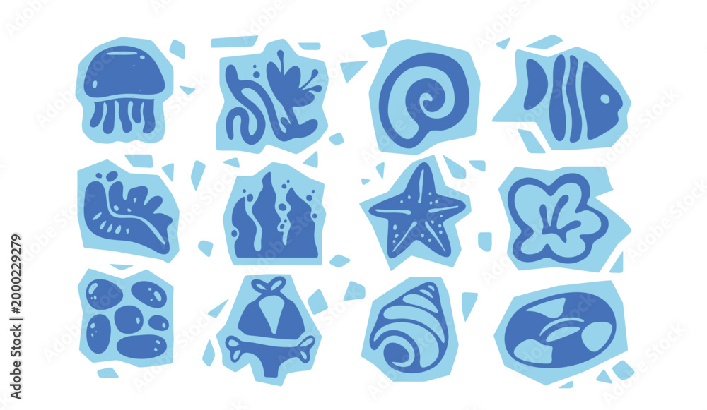 Naklejka premium Set of abstract boho icons with blue sea elements. Vector illustration of summer beach stickers with fish, shell, seaweed, bikini silhouettes, pattern for tropical sea resort, surf club banner design