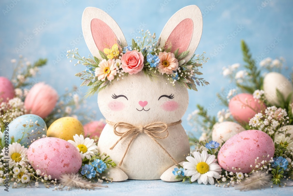 Fototapeta premium Easter themed paper bunny with decorative eggs floral accents and hair decor on blue backdrop
