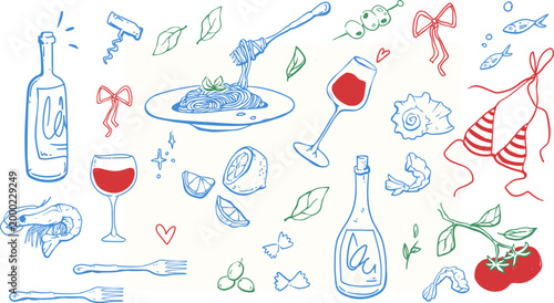 Vintage sketch pattern with Italian food on white background. Vector illustration of doodle pasta, seafood, vegetables, bikini and wine bottles for summer vacation poster, Mediterranean coastal design