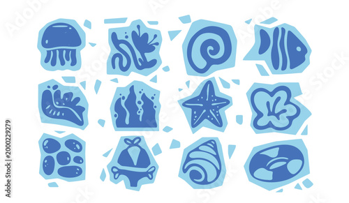 Set of abstract boho icons with blue sea elements. Vector illustration of summer beach stickers with fish, shell, seaweed, bikini silhouettes, pattern for tropical sea resort, surf club banner design