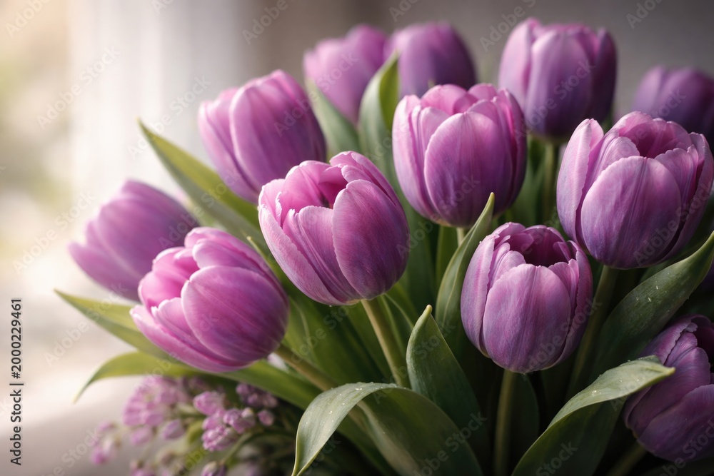 Fototapeta premium Detailed close up of a graceful purple tulip bouquet ideal for copy space use