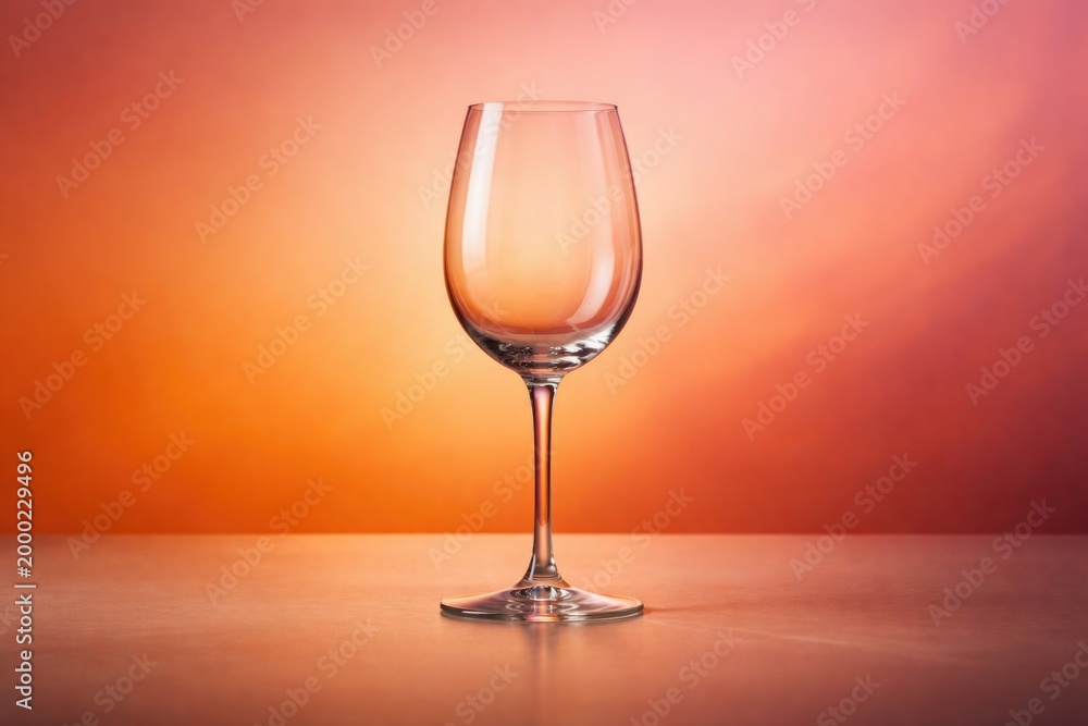 Fototapeta premium Elegant empty wine glass placed on modern surface with warm gradient backdrop in orange and pink tones