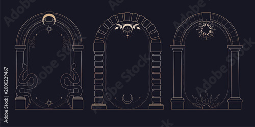 Celestial arch frames set with mystic moon, sun and stars on black background. Vector illustration of elegant golden boho borders with antique Greek pillars, esoteric and astrology cards design