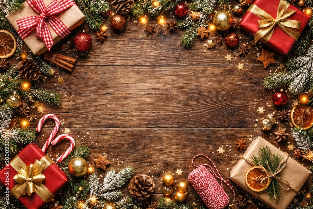 Fototapeta premium Festive flat lay setup of holiday trimmings on textured wood background with copy space