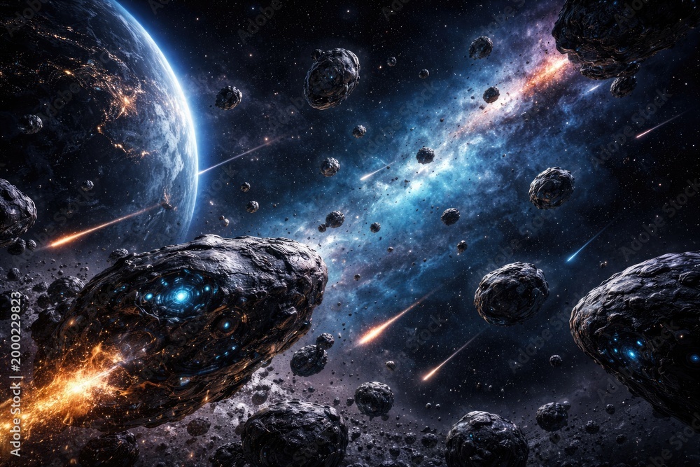 Fototapeta premium Artificial intelligence crafted space background with dynamic meteorite and asteroid field