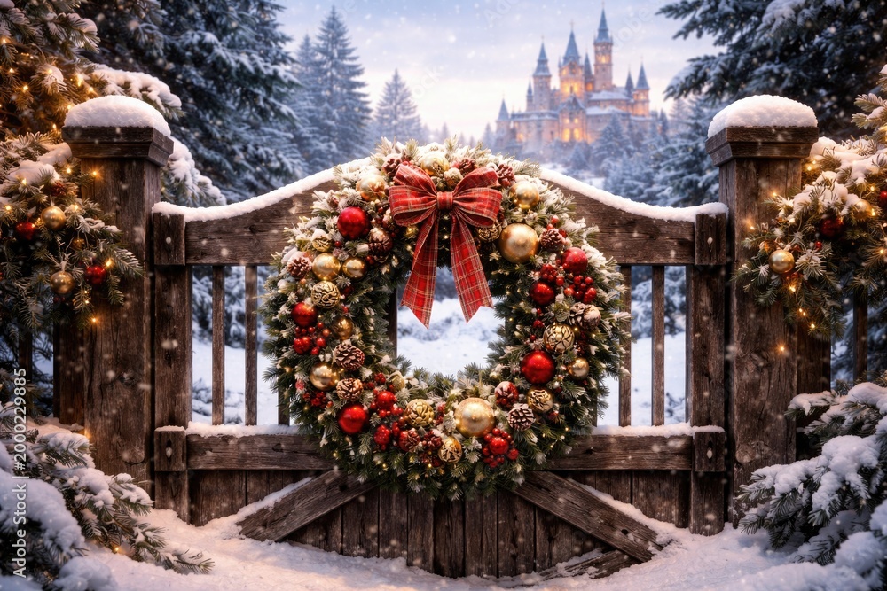 Fototapeta premium Christmas wreath hung on rustic wooden gate framed by a snowy terrain and castle skyline