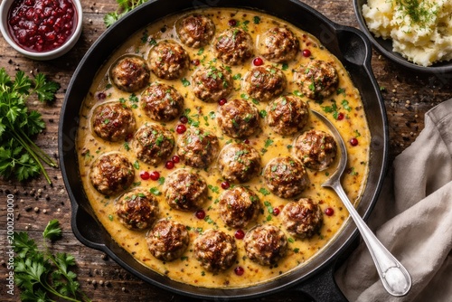 Birds eye perspective of a skillet loaded with Swedish meatballs and vibrant sauce