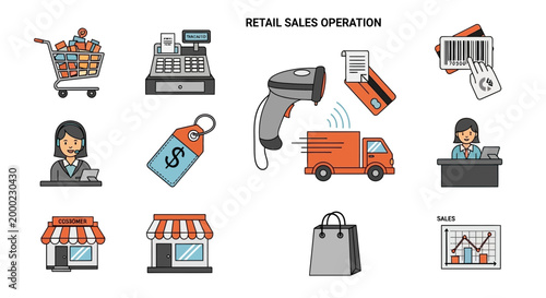 Retail sales operations illustrated shopping cart checkout delivery and sales icons